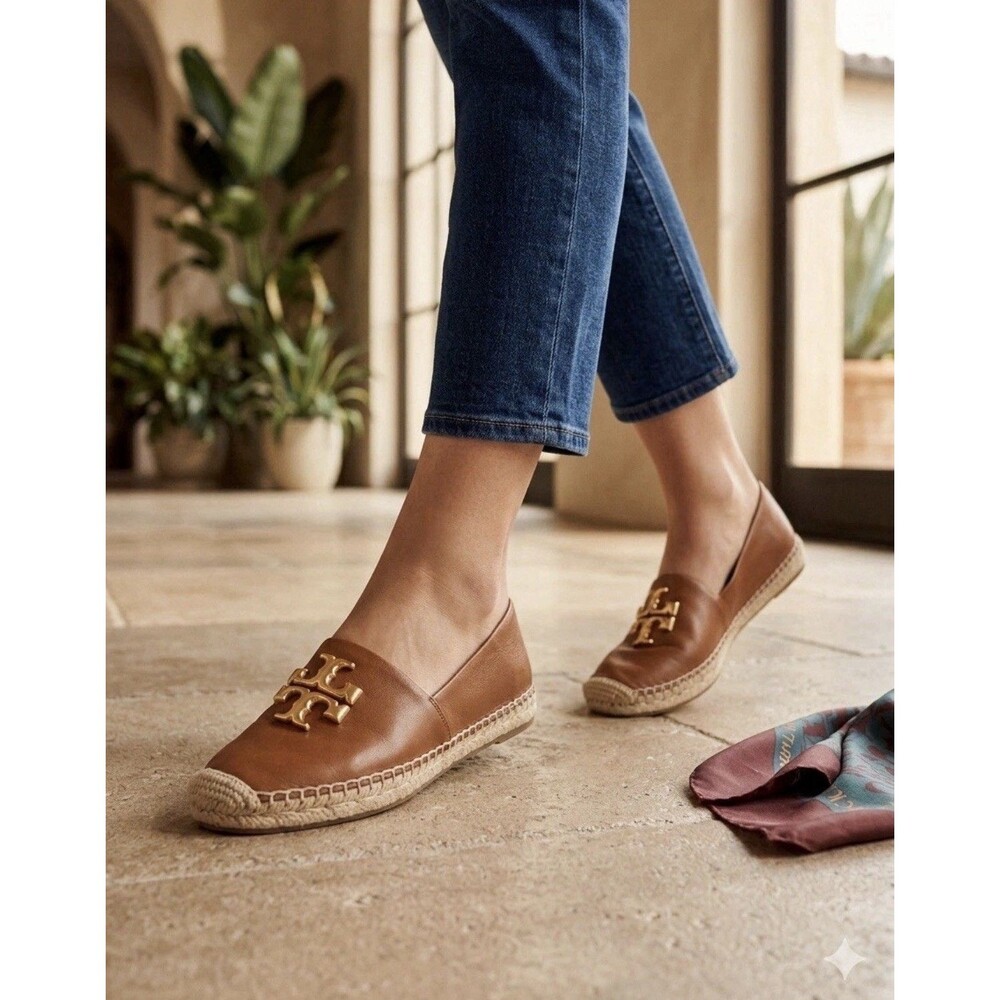 Tory Burch Brown Leather Espadrille Flats with Gold Logo size 7.5